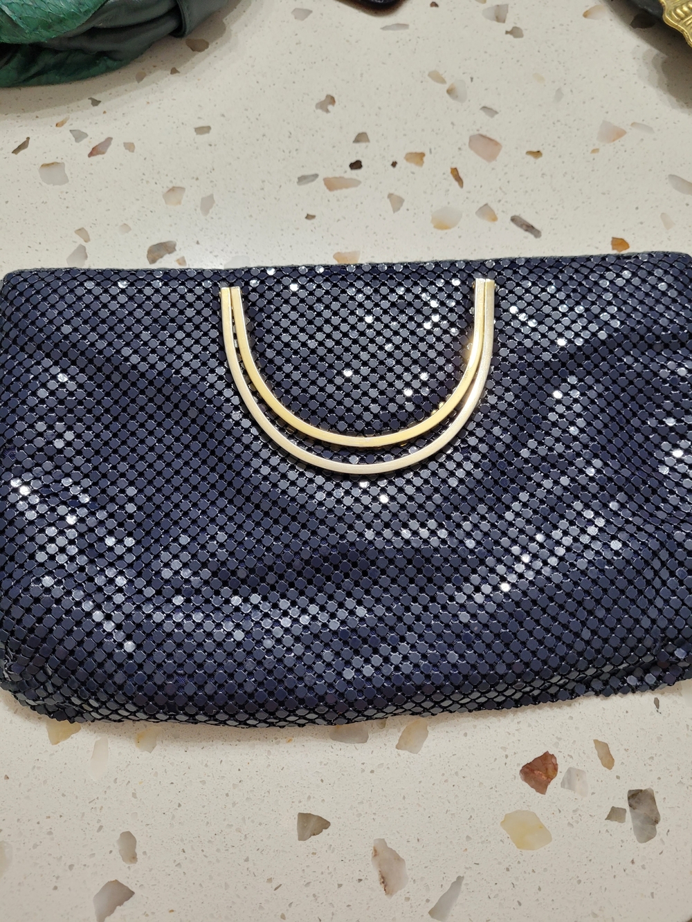 Vintage Navy Mesh Clutch with Gold Arc Handle